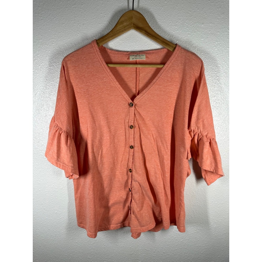 Bobbie Brooks Top Womens 2X Coral Ruffle Sleeve V-Neck Button Front Casual‎ Plus